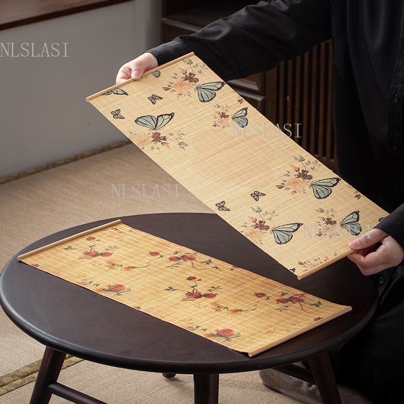 Table Runner - ผ้าปูโต๊ะลายดอกไม้ผีเสื้อสไตล์จีน ทำจากผ้าไผ่ ใช้ตกแต่งโต๊ะ หรือเป็นแผ่นรองชาแบบแขวน สำหรับตกแต่งห้องชา