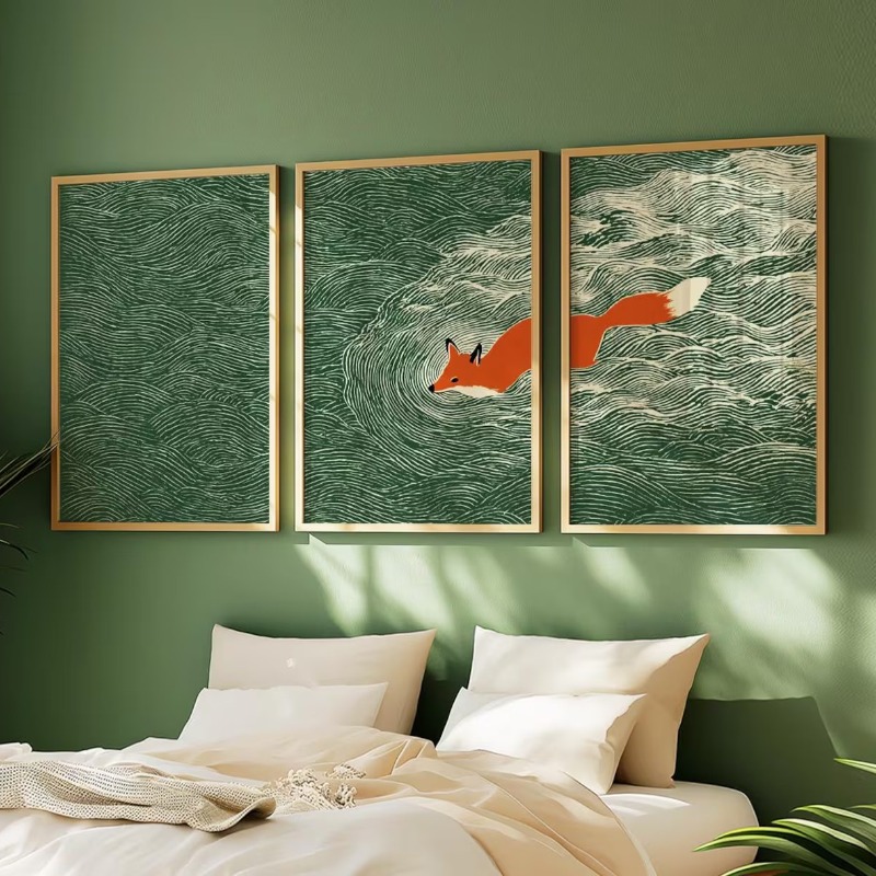 Abstract Canvas Set - ชุดภาพวาดบนผ้าใบไร้กรอบ 3 ชิ้น ลายจิ้งจอกญี่ปุ่นและมหาสมุทร | ภาพสามชิ้นคลื่นสีเขียว