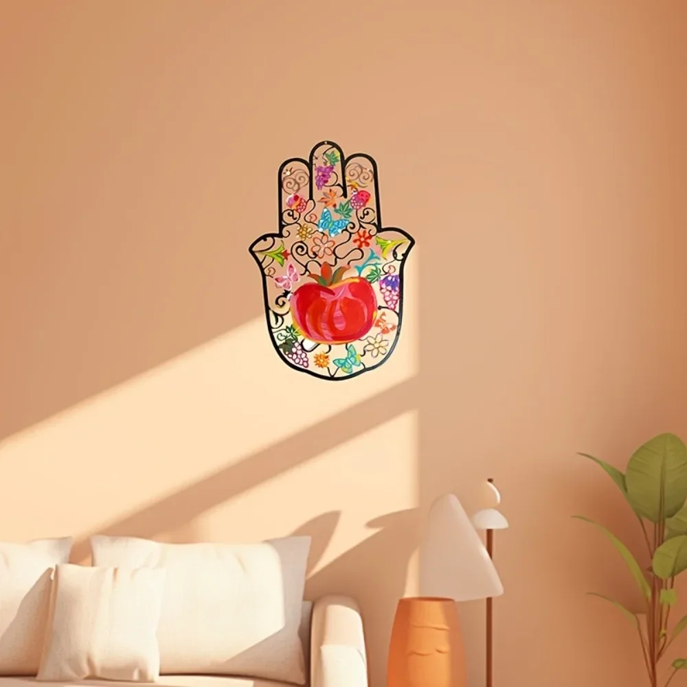 Wall Art - CIFBUY งานศิลปะโลหะติดผนังรูปมือฮัมซา ลายดอกไม้ทับทิมหลากสีและผีเสื้อ แบบตัด 2 มิติ