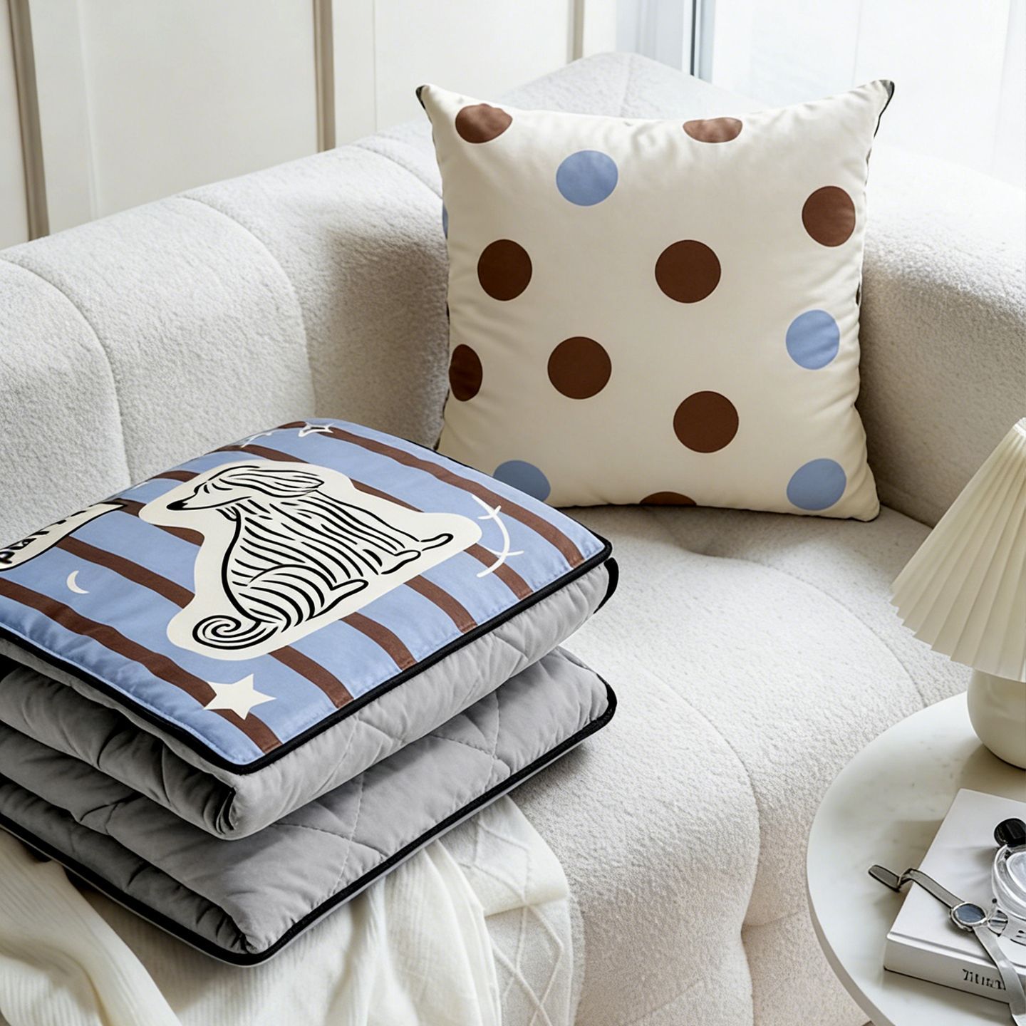 Throw Pillow - ผ้าห่มลายสุนัขน่ารัก ลายทาง ใช้ได้สองแบบ พับเก็บได้ ทำจากผ้ากำมะหยี่นุ่ม สำหรับโซฟาและเตียงในบ้าน